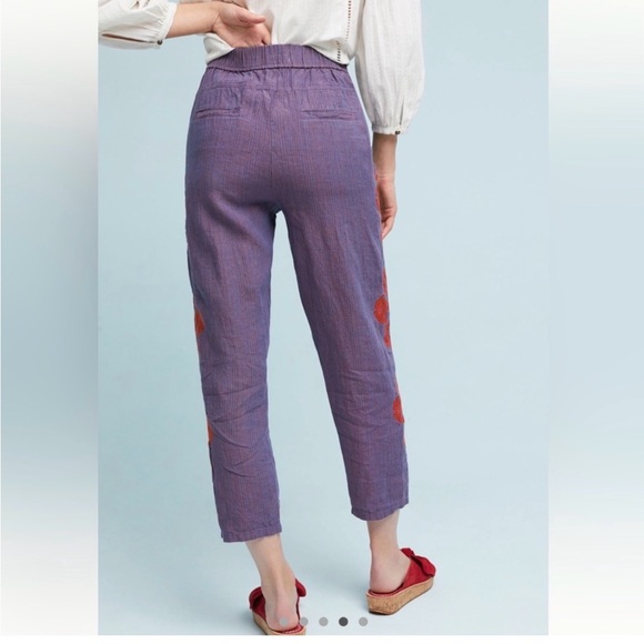 Anthropologie Linen Cropped Elastic Waist Pull-On Embroidered Pants Sz Large - Picture 2 of 14